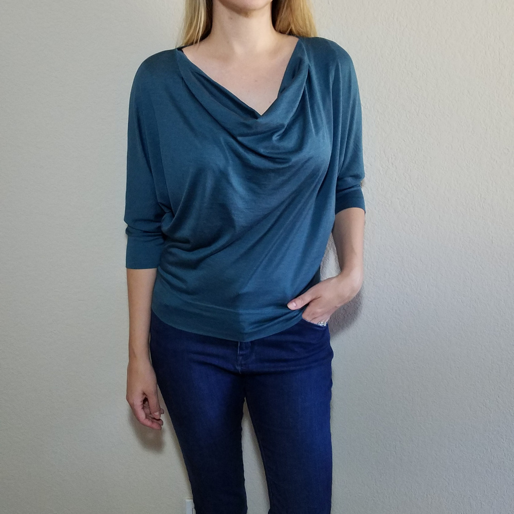 Eileen Fisher Silk Blue Top Cowl Neck 3/4 Sleeve Cotton Women's Teal Blouse XS - Picture 3 of 6